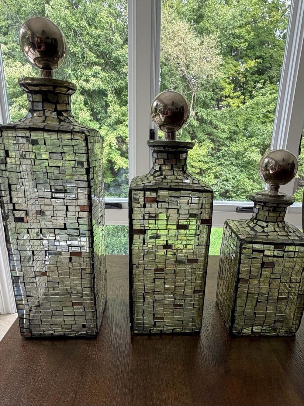 Mirrored Mosaic Decorative Decanter Bottle Trio - Silver Finish Accent Set